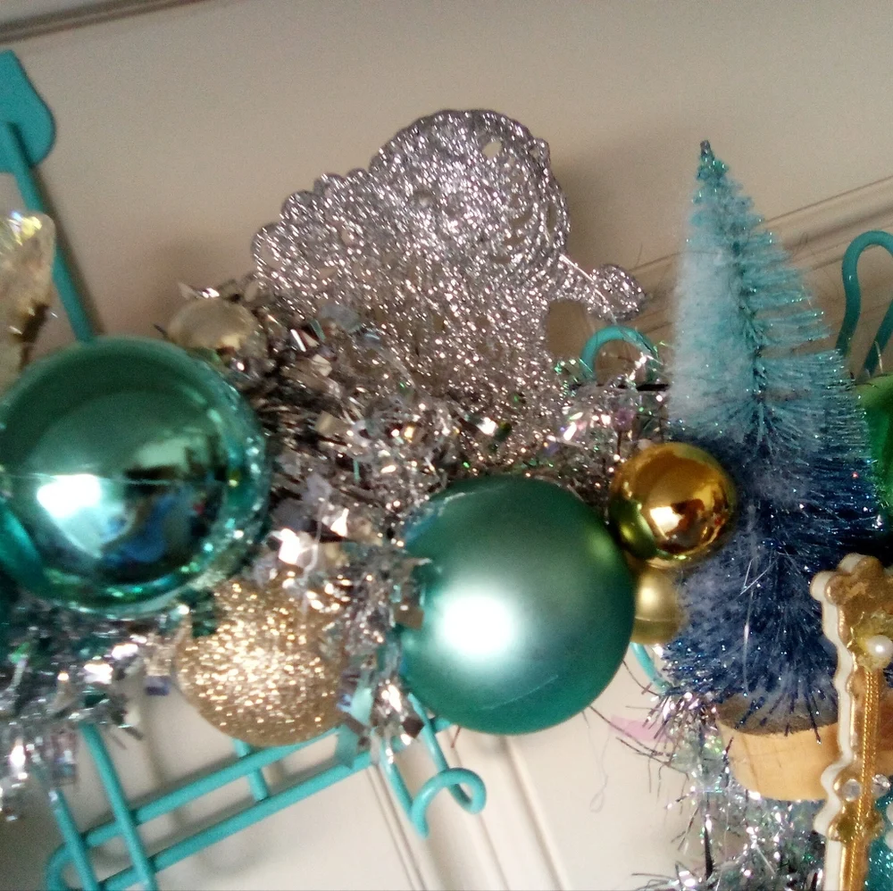 Shabby Blue Silver Gold Vintage Ornaments Holiday Wreath Handmade